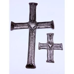 Metal Art Crosses with Heart - Handcrafted in Haiti, Lot of 2
